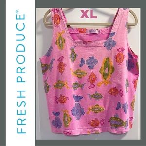 Fresh Produce XL Boxy Square Neck Tank Top - Pink with Tropical Fish